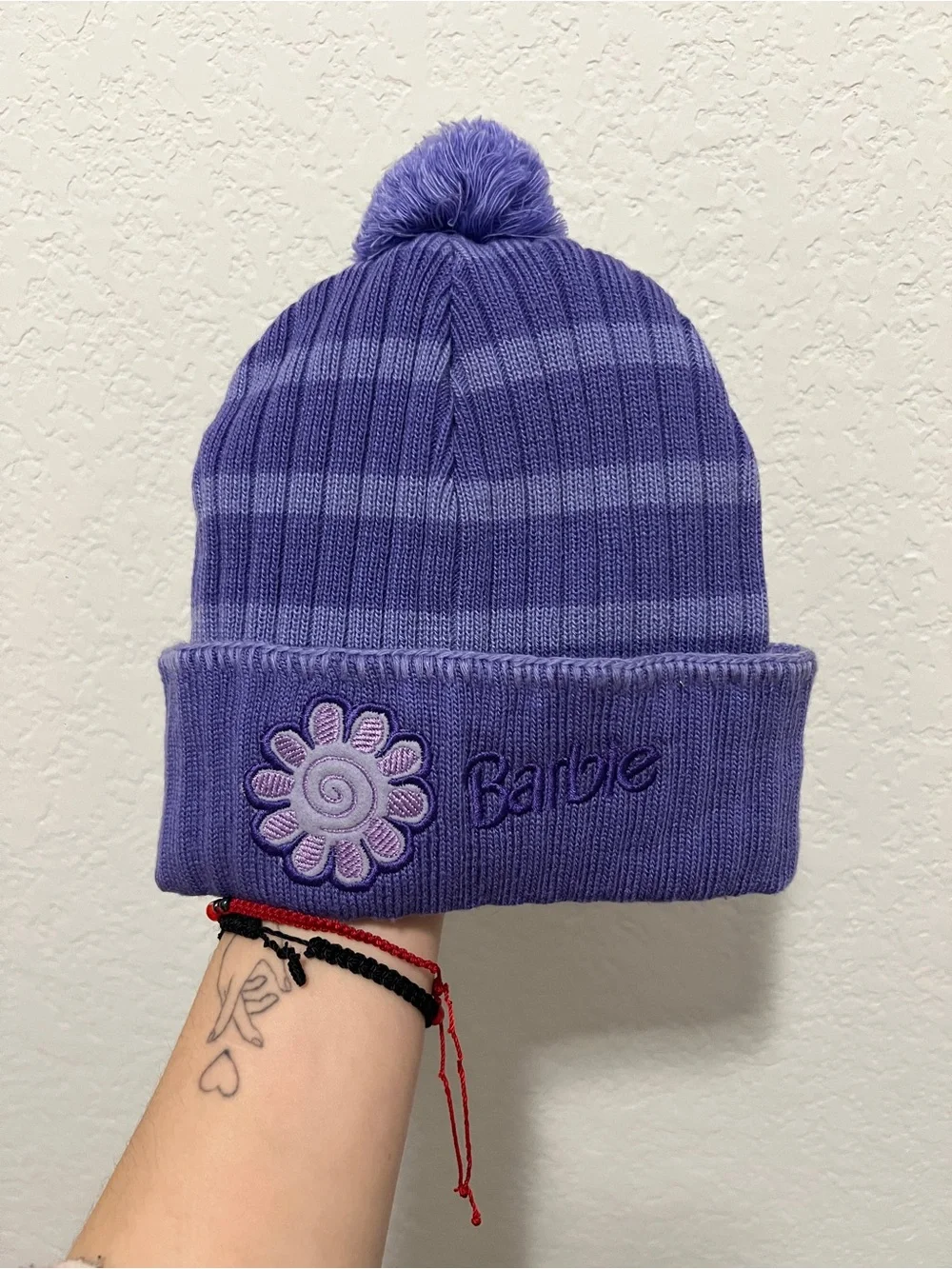 Vintage Barbie Kids Purple Pom-Pom Beanie Hat